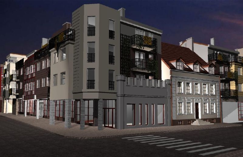Wielobranżowy projekt budynku mieszkalno – usługowego „Złoty Róg”. Obiekt zlokalizowany między ulicami Bielską, Sienkiewicza i Kwiatka.